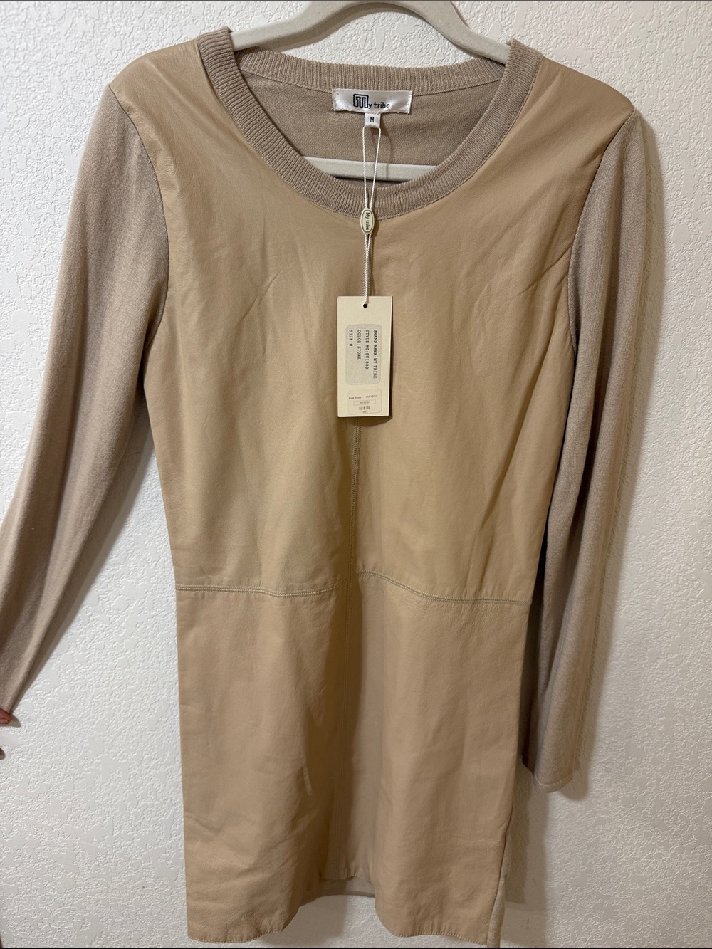 My Tribe Beige Leather-Front Knit-Sleeve Mini Dress
